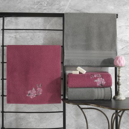 Cotton Box – Луксозен комплект кърпи Gri / Pembe (топло сиво-малиново-розов нюанс)– 4 части – 100% Памук