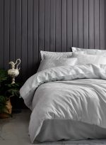 Жакардов сатенен спален комплект „Leaf Buz Mavi“ – Cotton Box – 6 части – 100% памук – леденосин / светлосив