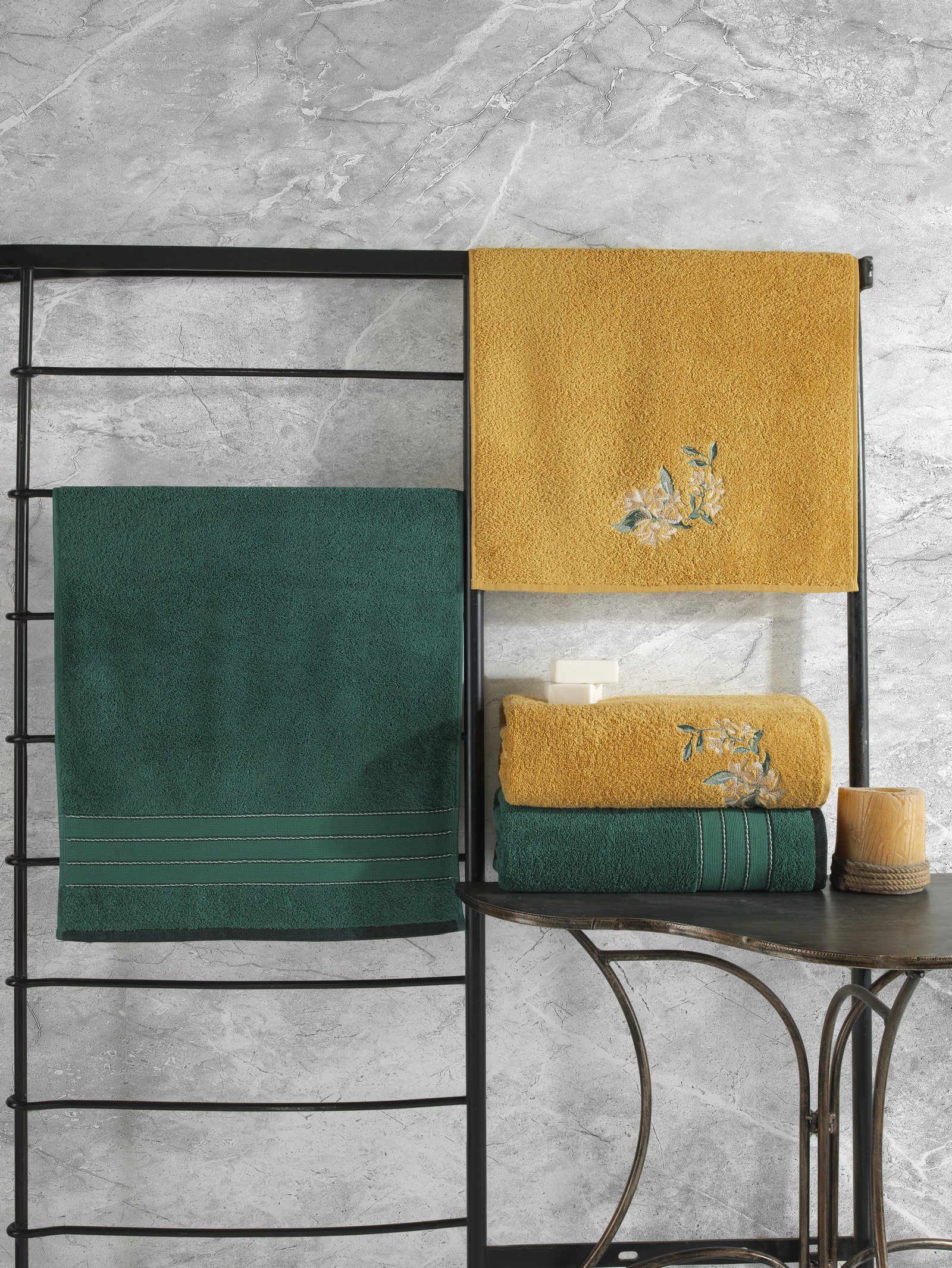 Yesil-Sari Colorful Hamam Seti 2ser ad 50x90 90x150 Cotton Box – Луксозен комплект кърпи Yesil / Sari (Зеленo и Горчица)– 4 части – 100% Памук - Image 1