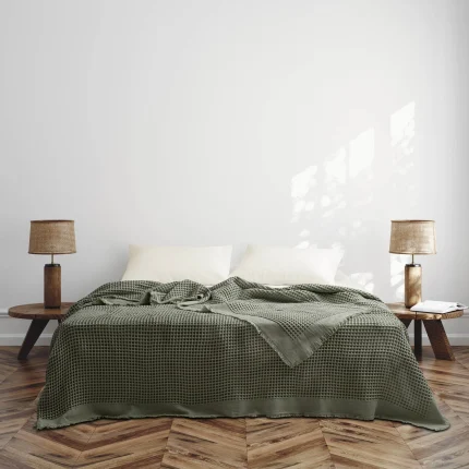 Покривало за спалня 240×260 см – 100% Памук – Waffle Texture – Pampas (Маслено светло зелено)