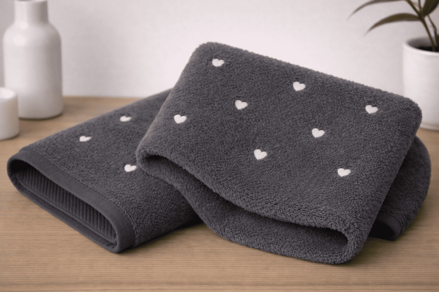 антрацит слонова кост1 Hobby „Миг Любов“ 2 бр. Луксозни хавлиени кърпи от 100% микро памук - Антрацит със сърца в цвят слонова кост - Image 1