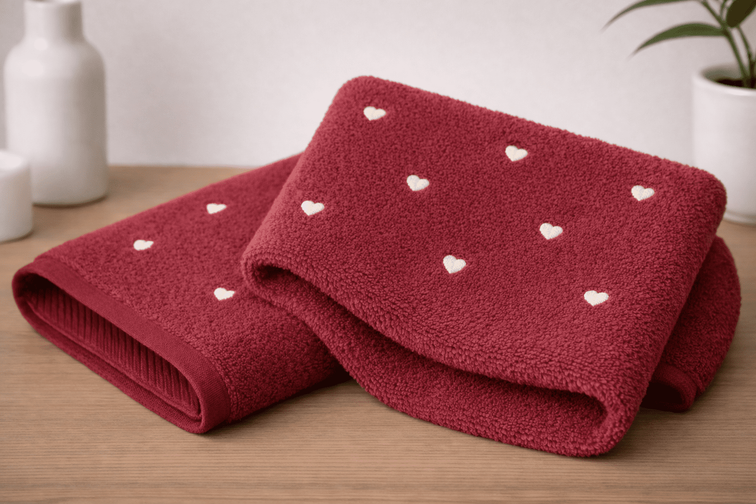 бордо крем11 Hobby „Миг Любов“ 2 бр. Луксозни хавлиени кърпи от 100% микро памук - Бордо със сърца в цвят слонова кост - Image 1