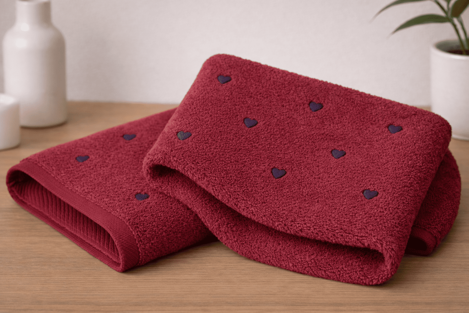 бордо лила1 Hobby „Миг Любов“ 2 бр. Луксозни хавлиени кърпи от 100% микро памук - бордо с лилави сърца - Image 1