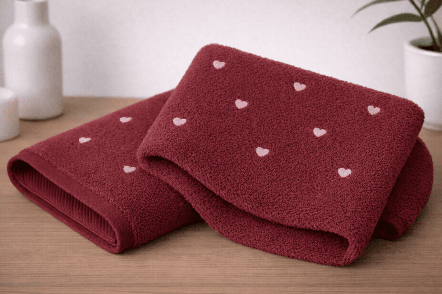 бордо розе Hobby „Миг Любов“ 2 бр. Луксозни хавлиени кърпи от 100% микро памук - бордо с бледо розови сърца - Image 1