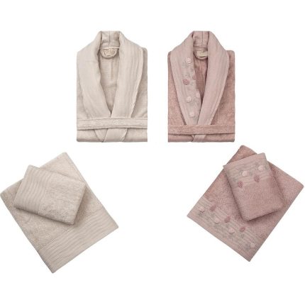 Семеен комплект халати Luiza – Бамбук и памук – 6 части – Светло кафяво / Пудра „Tomurcuk“