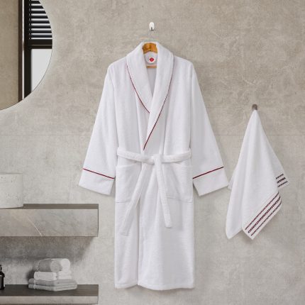 „Helya Beyaz“ Комплект халат и кърпа 100% Памук – Унисекс – L/XL