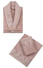 Семеен комплект халати Luiza – Бамбук и памук – 6 части – Светло кафяво / Пудра „Tomurcuk“ - Image 3
