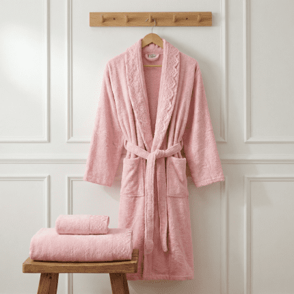 Дамски комплект за баня – халат + 2 кърпи – 100% памук – Розов
