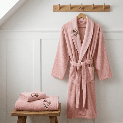 Дамски комплект за баня – халат + 2 кърпи – 100% памук – Розово
