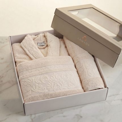 Özdilek унисекс халат с кърпа, кремав релефен