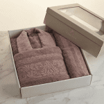 Дамски комплект за баня – халат + 2 кърпи – 100% памук – Опушено лилаво - Image 3