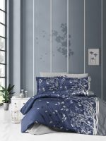 First Choice Спално бельо „Living Navy Blue“ Памучен сатен – 7 части – за спалня с два плика