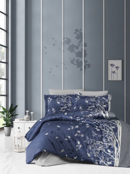 First Choice Спално бельо „Living Navy Blue“ Памучен сатен – 7 части – за спалня с два плика