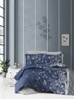 First Choice Спално бельо „Living Navy Blue“ Памучен сатен – 7 части – за спалня с два плика