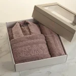 Дамски комплект за баня – халат + 2 кърпи – 100% памук – Опушено лилаво - Image 3
