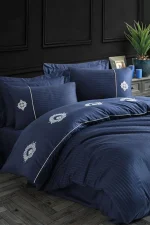 Hobby Home Спално бельо „Elegant Olimpos Lacivert“ – 100% памук страйп сатен – 6 части – за спалня