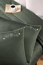 First Choice Спално бельо „Timeless Dark Green“ Deluxe памучен сатен – 100% памук – 6 части – за спалня с един плик - Image 2