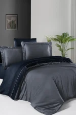 First Choice Спално бельо „Serenity Dark Grey-Navy Blue“ Deluxe сатен – 100% памук – 6 части – за спалня с един плик