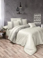 First Choice Спално бельо „Latina Beige“ V.I.P сатен с дантела – 100% памук – 7 части – за спалня с един плик