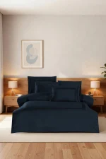 La Romano Спално бельо „Montova Navy Blue“ Памучен сатен 300 TC – 100% памук – 6 части – за спалня с един плик