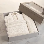 Памучен комплект халат за баня и 2 хавлиени кърпи - 100% памук - слонова кост - 3 части - Image 3